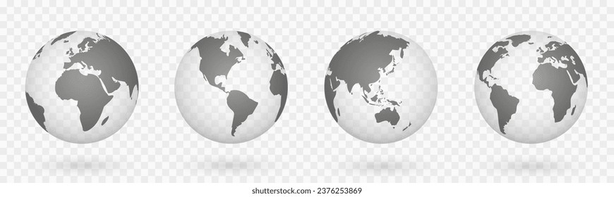 Globes of Earth 3D set. Realistic world map in globe shape. World maps realistic with shadow on transparent background - stock vector.