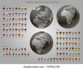 Globes with Europe, Africa and Western Asia with borders of Sovereign states and map marker set with state flags of continents with captions in alphabet order. Vector illustration