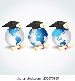 Globes with graduation caps and certificates. Foreign education, foreign students.