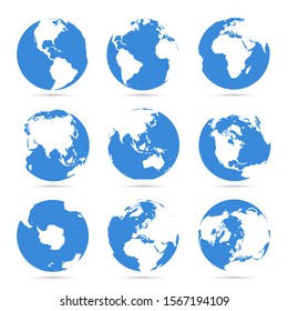 Globes icon collection. Blue globe. Planet with continents Africa, Asia, Australia, Europe, Antarctica, North America and South America