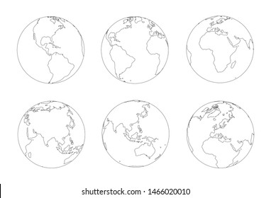 Globes icon collection. Contour map of the world. Planet with continents Africa, Asia, Australia, Europe, North America and South America