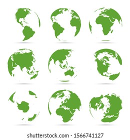 Globes icon collection. Green globe. Planet with continents Africa, Asia, Australia, Europe, Antarctica, North America and South America