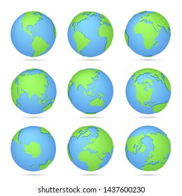 Globes icon collection. World map. Planet with continents Africa, Asia, Australia, Europe, North America and South America, Antarctica