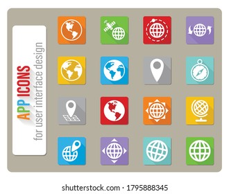 globes icons set in flat design with long shadow