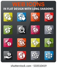 globes icons set in flat design with long shadow