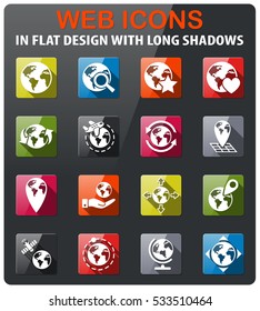 globes icons set in flat design with long shadow