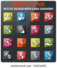 globes icons set in flat design with long shadow