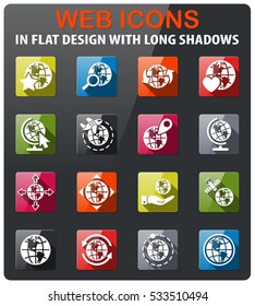 globes icons set in flat design with long shadow