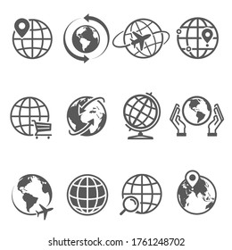 Los iconos de la línea Globes se establecen aislados en blanco. Ubicación en el planeta, alrededor del mundo, salvar colección de pictogramas de la Tierra, logos. Comunicación global, entrega a nivel mundial, elementos vectores de noticias para infografía, web.