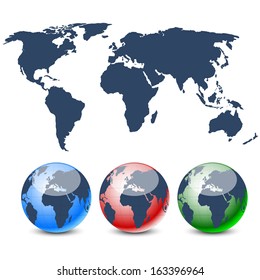 Globes on blue detailed map. Vector illustration. 