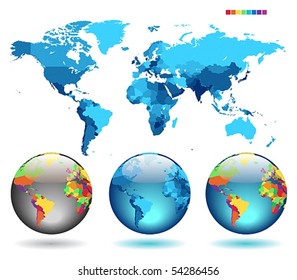 Globes on blue detailed map. Vector illustration.