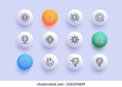 Globes with pointers set icon. Map, geolocation, location, gps, worldwide, travel, journey, gear, planet earth, world. Navigation equipment concept. Neomorphism style. Vector line icon for Business.