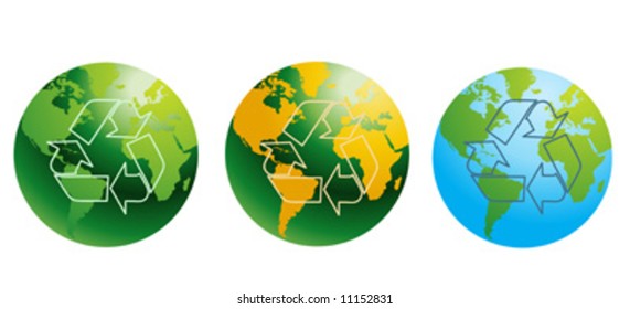 globes with recycling signs vector