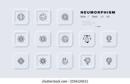 Globes set icon. Travel, map, pointer, satellite, gear, geography, location, geolocation, navigator, gps. Navigation equipment concept. Neomorphism style. Vector line icon for Business and Advertising