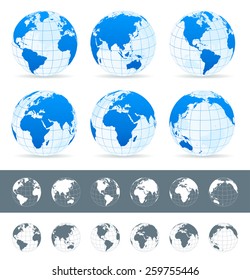 Globes set - illustration
Vector set of different globe views.
Made in blue, gray and white variants.