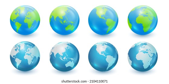 Globes showing earth with all continents. World map globe vector icons set