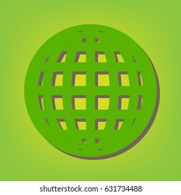 Globes sign illustration. Vector. Green line icon with brown shadow at green-yellow background.