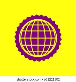 Globes sign illustration. Vector. Violet label with hole as icon on yellow background.