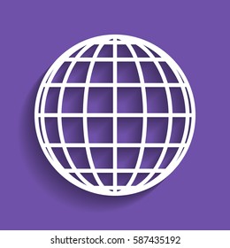 Globes sign illustration. Vector. White icon with soft shadow on grape violet background.
