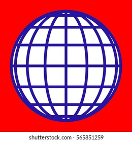 Globes sign illustratrion`. Blue icon in white circle at red background. Colors of USA flag. Circumscribed circle. Circumcircle.