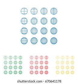 Globes signs illustration. Vector. Big blue flat icon with red, green and yellow small icons at white background. Isolated.