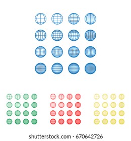 Globes signs illustration. Vector. Big blue flat icon with red, green and yellow small icons at white background. Isolated.