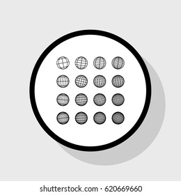 Globes signs illustration. Vector. Flat black icon in white circle with shadow at gray background.