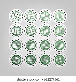 Globes signs illustration. Vector. Green icon with outline for cutting out at gray background.