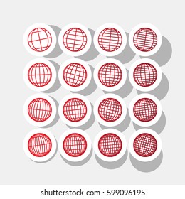 Globes signs illustration. Vector. New year reddish icon with outside stroke and gray shadow on light gray background.