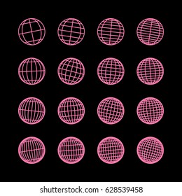Globes signs illustration. Vector. Pink icon on black background.