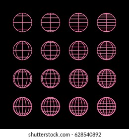 Globes signs illustration. Vector. Pink icon on black background.