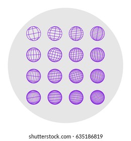 Globes signs illustration. Vector. Violet flat icon on light gray circle at white background. Isolated.