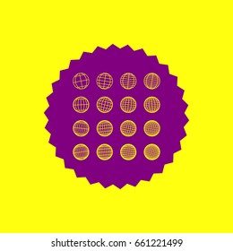 Globes signs illustration. Vector. Violet label with hole as icon on yellow background.