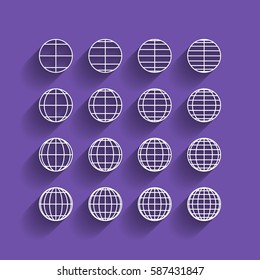 Globes signs illustration. Vector. White icon with soft shadow on grape violet background.