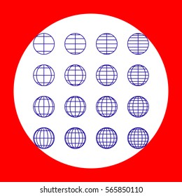 Globes signs illustratrion`. Blue icon in white circle at red background. Colors of USA flag. Circumscribed circle. Circumcircle.