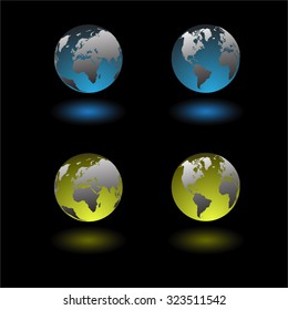 Globes and spheres lighting world map icons set isolated on black background, in blue and yellow color with shadow. set