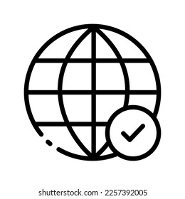 Globa con icono de línea de marca. Internet, acceso, web mundial, señal, red global, conexión, móvil, comunicación, inalámbrica, wifi. Icono de línea de vector sobre fondo blanco
