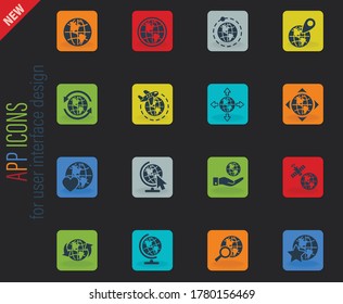 globes vector color web icons on dark background for user interface design