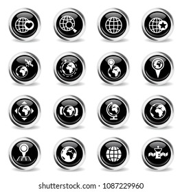 globes vector icons - black round chrome buttons
