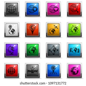 globes vector icons in square colored buttons