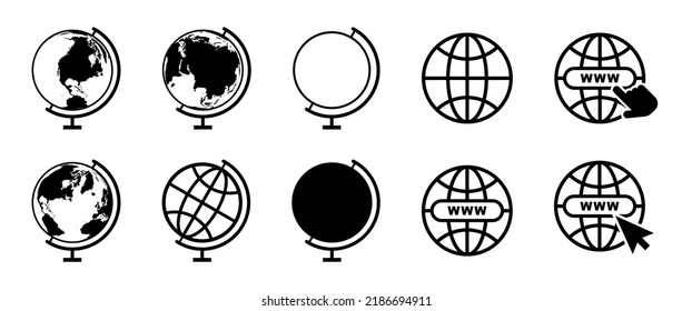 Globes of world, earth. Transparent 3d world map icons on background. Europe, Asia, Africa, America, Australia on globus. Set of global planets, simple flat spheres in black color. Vector.