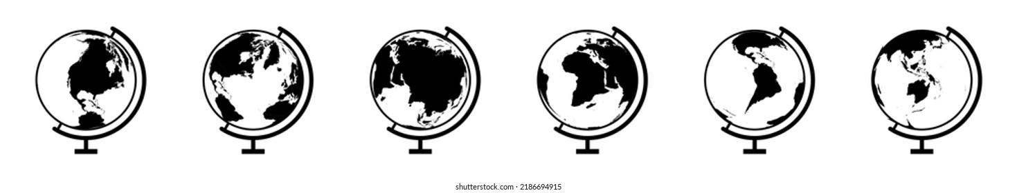 Globes of world, earth. Transparent 3d world map icons on background. Europe, Asia, Africa, America, Australia on globus. Set of global planets, simple flat spheres in black color. Vector.