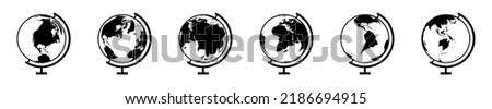 Globes of world, earth. Transparent 3d world map icons on background. Europe, Asia, Africa, America, Australia on globus. Set of global planets, simple flat spheres in black color. Vector.