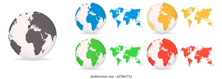 Globes with World Maps different colored on a white background