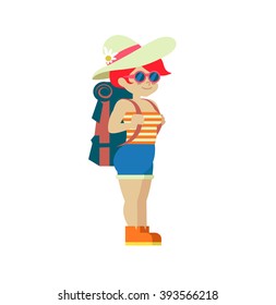 Globetrotter young female backpacker girl traveler with backpack hiking simple flat design vector character illustration