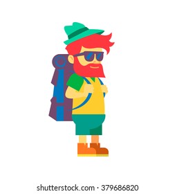 Globetrotter young male backpacker traveller with backpack hiking simple flat design vector character illustration