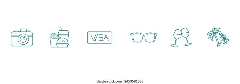 Globetrotter's Delight: Camera, Food, Visa, Sunglasses, Wine Glasses, Beach Vector Icons