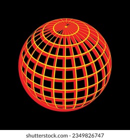 Globus linear sign. 3D Extruded Yellow Icon with Red Sides a Black background. Illustration.