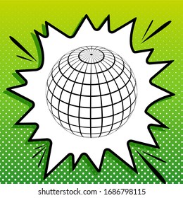 Globus linear sign. Black Icon on white popart Splash at green background with white spots. Illustration.