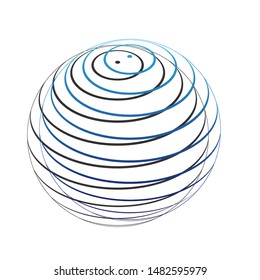 Globus linear sign. Blue icon with gold contour with dark gray shadow at white background. Illustration.